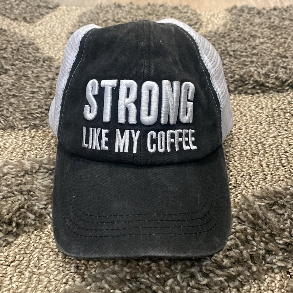 NWT Victoria Leland Dark Gray Strong Like My Coffee Mesh Trucker Hat OS